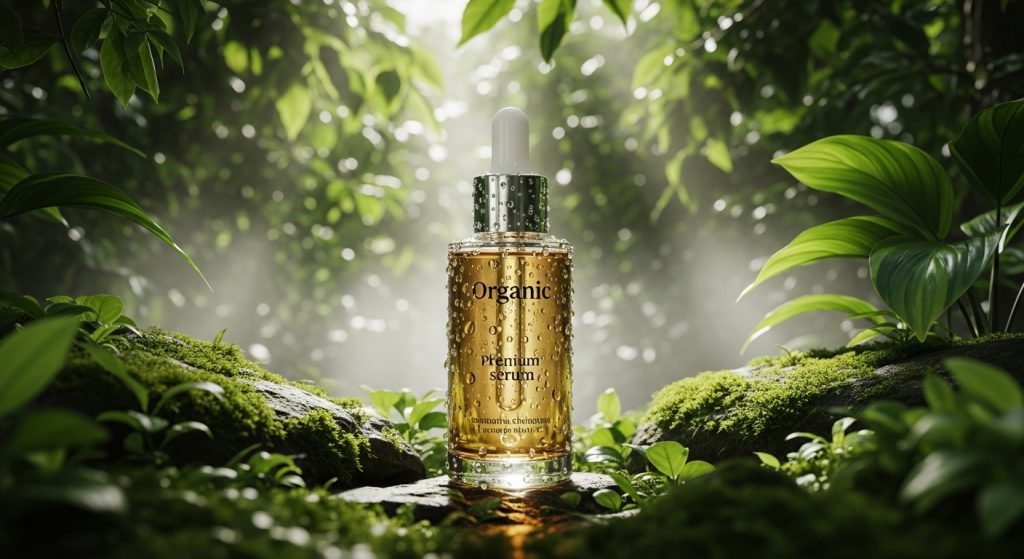 An elegant skincare serum bottle displayed on a white marble vanity table in a Parisian apartment with soft window light, Eiffel Tower blurred in background, luxury beauty aesthetic, pastel tones, cinematic composition, high-end product photography, 4k resolution