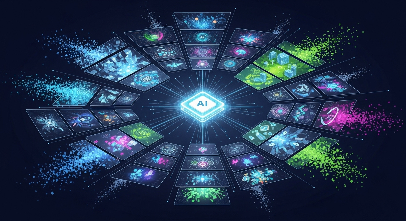 AI system generating many visual variations from a single concept, flowing creative panels expanding outward, digital transformation effect, modern tech aesthetic, professional infographic illustration style, ultra high resolution