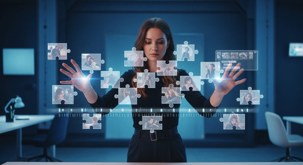 A content creator standing in front of a holographic timeline arranging story scenes like puzzle pieces, while AI handles technical tasks in the background, cinematic atmosphere, soft volumetric lighting, ultra detailed composition