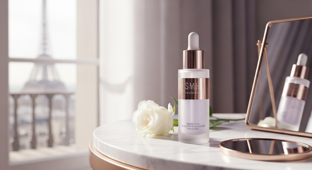 An elegant skincare serum bottle displayed on a white marble vanity table in a Parisian apartment with soft window light, Eiffel Tower blurred in background, luxury beauty aesthetic, pastel tones, cinematic composition, high-end product photography, 4k resolution