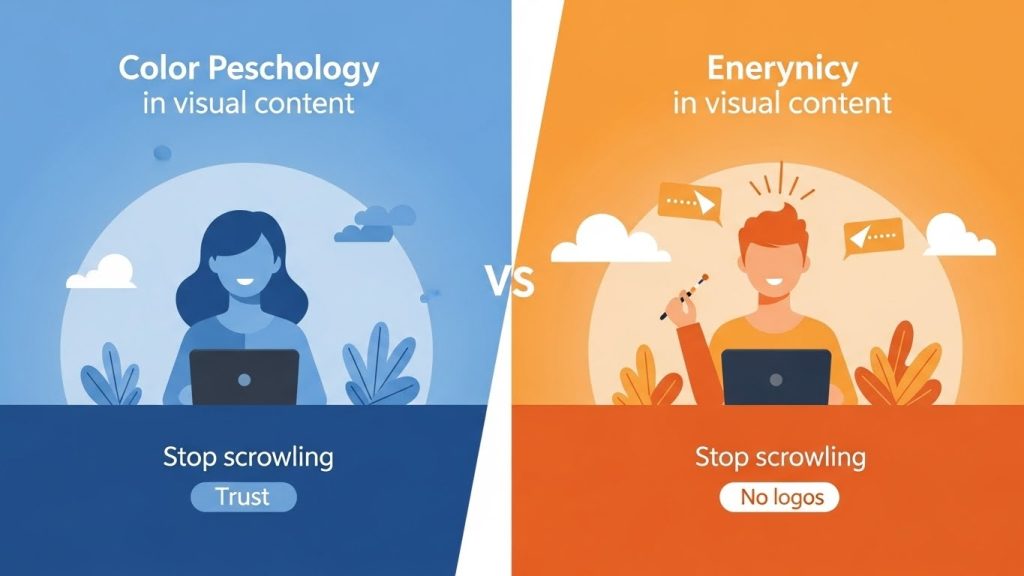 A clean, split-scene illustration comparing color psychology in visual content. On one side, a calm, trust-focused image dominated by blue tones with minimal complementary accents. On the other side, an energetic, action-driven image using warm orange tones with strong contrast. Both visuals are simple, uncluttered, and designed to stop scrolling. Professional editorial style, balanced composition, soft lighting, no text, no logos.