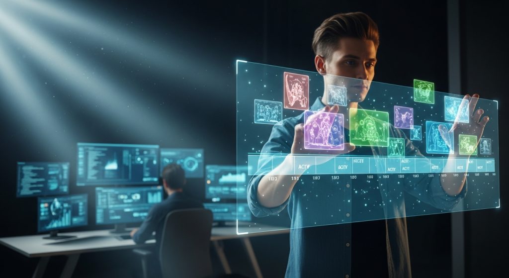 A content creator standing in front of a holographic timeline arranging story scenes like puzzle pieces, while AI handles technical tasks in the background, cinematic atmosphere, soft volumetric lighting, ultra detailed composition