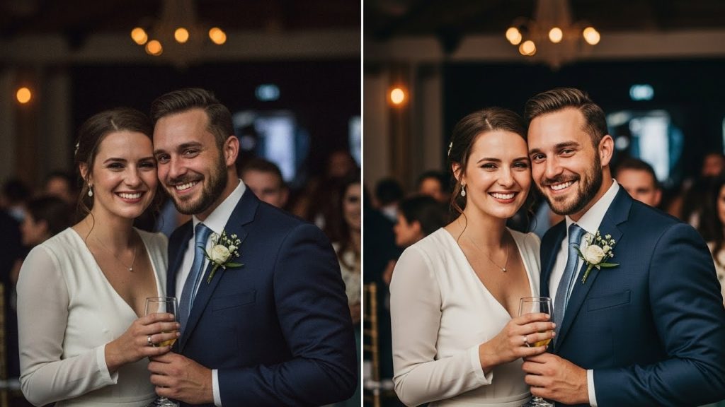 Minimal modern photo editing workspace with Lightroom open on ultra-wide monitor, AI denoise and masking tools visible, calibrated monitor glow, editing tablet, coffee mug, soft ambient lighting, realistic textures, editorial studio photography style