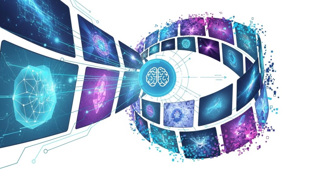 AI system generating many visual variations from a single concept, flowing creative panels expanding outward, digital transformation effect, modern tech aesthetic, professional infographic illustration style, ultra high resolution