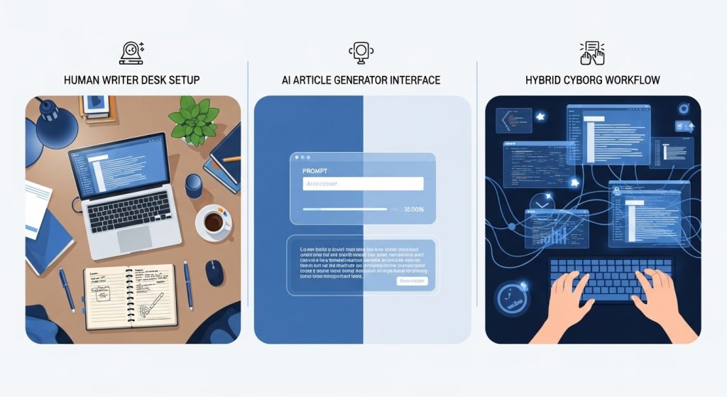 A split-screen illustration comparing three content creation styles: human writer desk setup, AI article generator interface, and a hybrid cyborg workflow combining both, clean infographic layout, modern tech aesthetic, high resolution